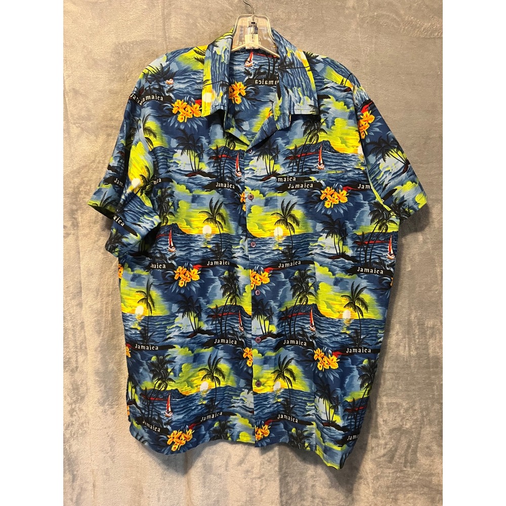 Jamaica Creations Hawaiian Shirt‎ Mens XL Blue Palm Tree Sunset Print Aloha